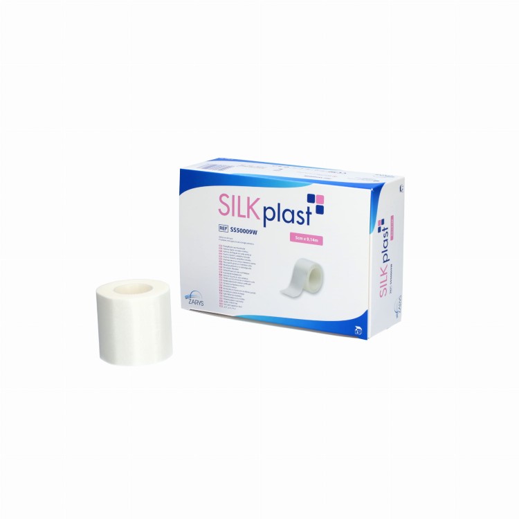 Przylepce mocujące ze sztucznego jedwabiu SILKplast – białe, na rolce ,rozmiar 5 cm x 9 m