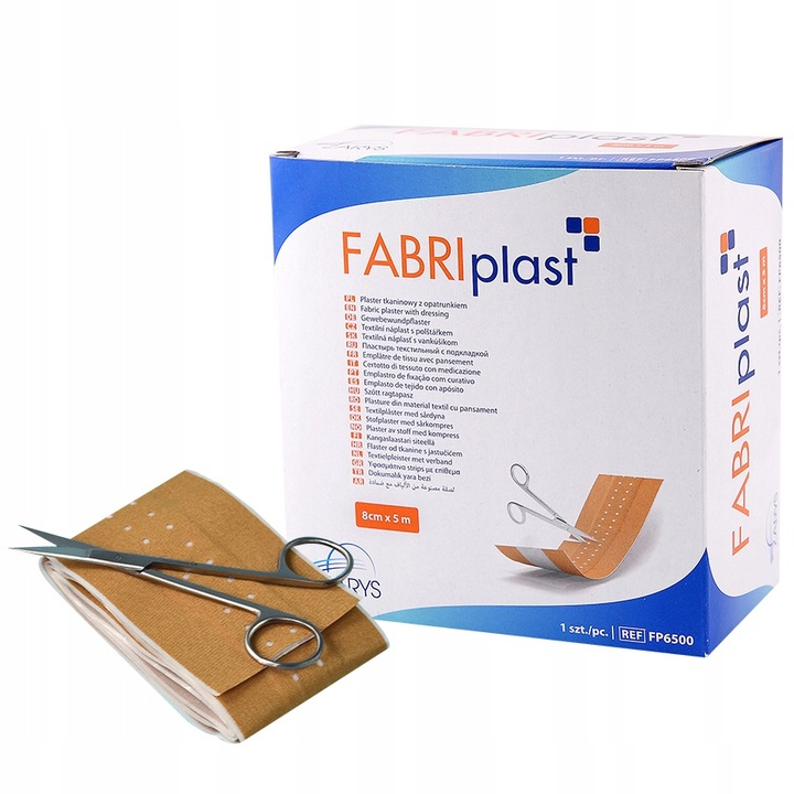 Plaster tkaninowy FABRIplast – z opatrunkiem, cielisty, rozmiar 8 cm x 5 m