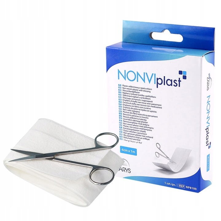 Plaster włókninowy NONVIplast – z opatrunkiem, biały, rozmiar 6 cm x 1 m