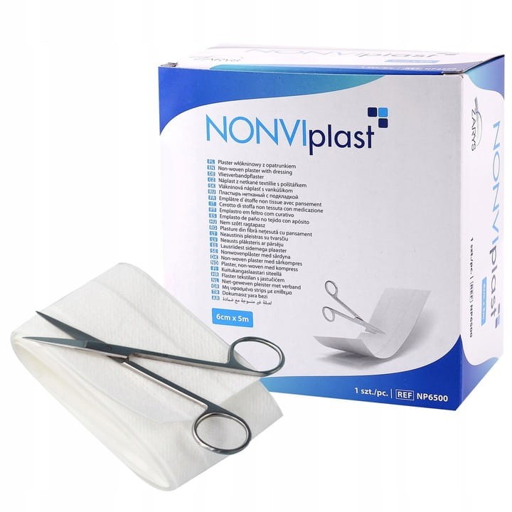 Plaster włókninowy NONVIplast – z opatrunkiem, biały, rozmiar 6 cm x 5 m