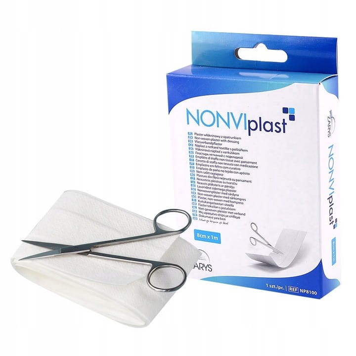 Plaster włókninowy NONVIplast – z opatrunkiem, biały, rozmiar 8 cm x 1 m