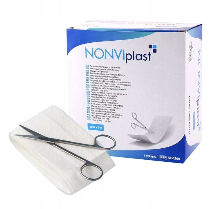 Plaster włókninowy NONVIplast – z opatrunkiem, biały, rozmiar 8 cm x 5 m