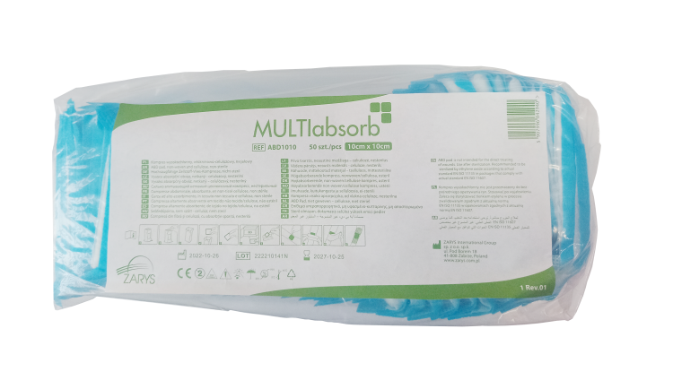 Kompresy wysokochłonne multiABSORB – włókninowo‑celulozowe, niesterylne, rozmiar 10 cm x 10 cm