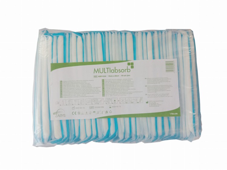 Kompresy wysokochłonne multiABSORB – włókninowo‑celulozowe, niesterylne, rozmiar 10 cm x 20 cm