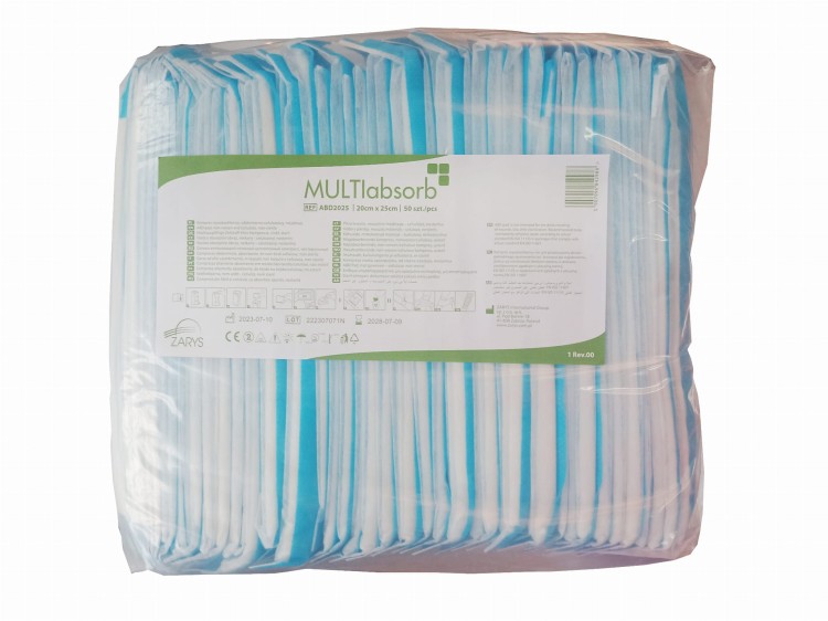Kompresy wysokochłonne multiABSORB – włókninowo‑celulozowe, niesterylne, rozmiar 20 cm x 25 cm