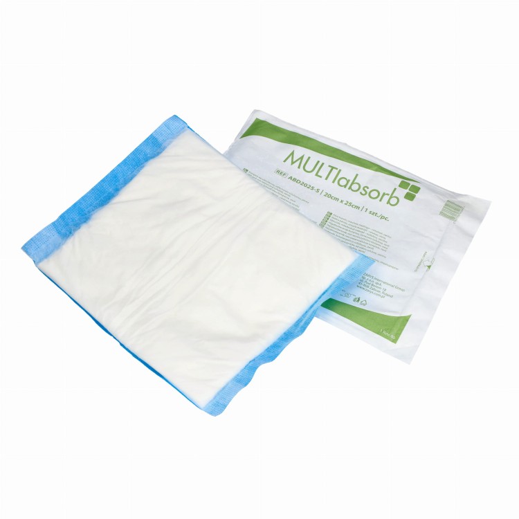 Kompresy wysokochłonne multiABSORB S – włókninowo‑celulozowe, sterylne, rozmiar 20 cm x 25 cm