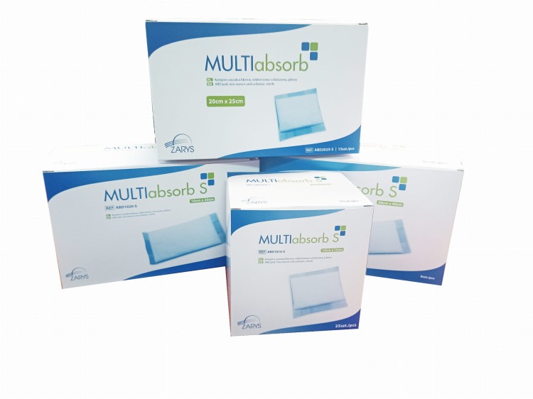 Kompresy wysokochłonne multiABSORB S – włókninowo‑celulozowe, sterylne, różne rozmiary