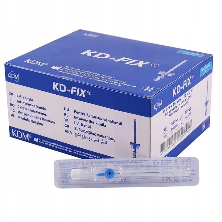 Kaniule KD-FIX - precyzyjne, medyczne, 50 szt. Rozmiar: 0,9mm x 25mm (22G) niebieskie