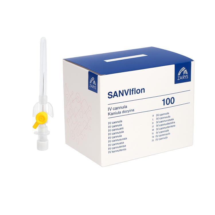 Kaniule dożylne SANVIflon – sterylne, bez ftalanów, 100 szt rozmiar 0,7 mm x 19 mm (24G - żółty)