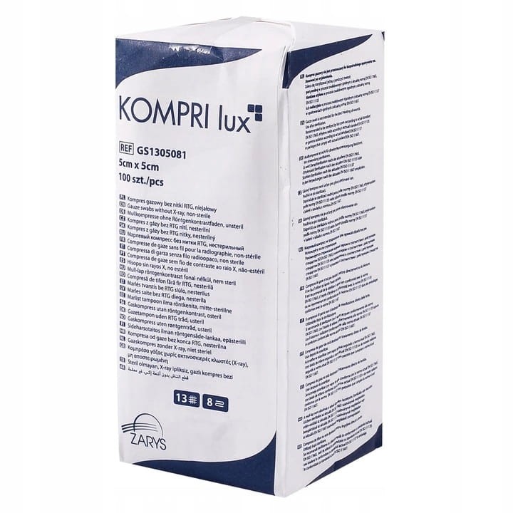 Kompresy z gazy bez nitki RTG KOMPRI lux – niesterylne, 13 N, 8 W, rozmiar 5 cm x 5 cm