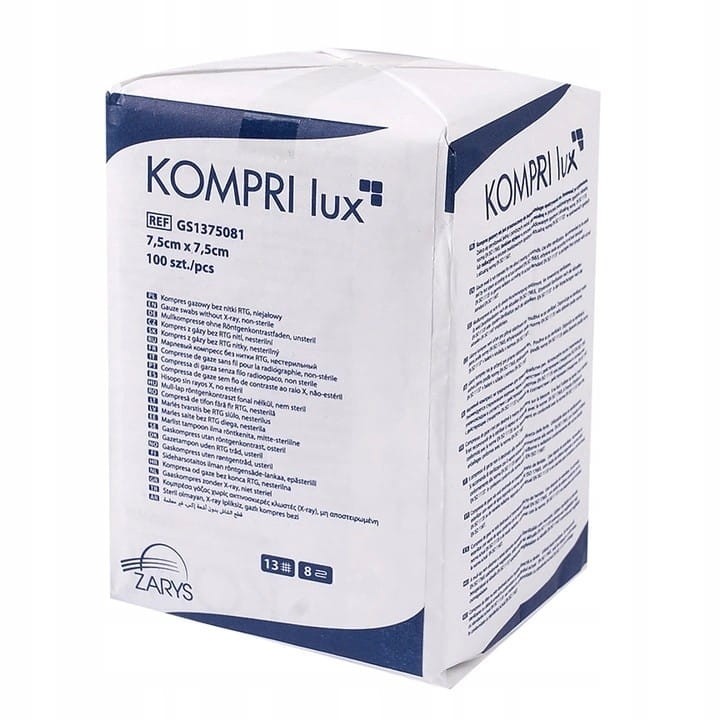 Kompresy z gazy bez nitki RTG KOMPRI lux – niesterylne, 13 N, 8 W, rozmiar 7,5 cm x 7,5 cm