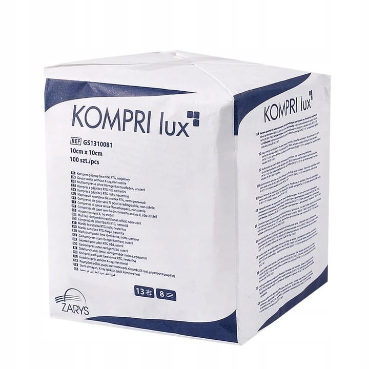 Kompresy z gazy bez nitki RTG KOMPRI lux – niesterylne, 13 N, 8 W, rozmiar 10 cm x 10 cm