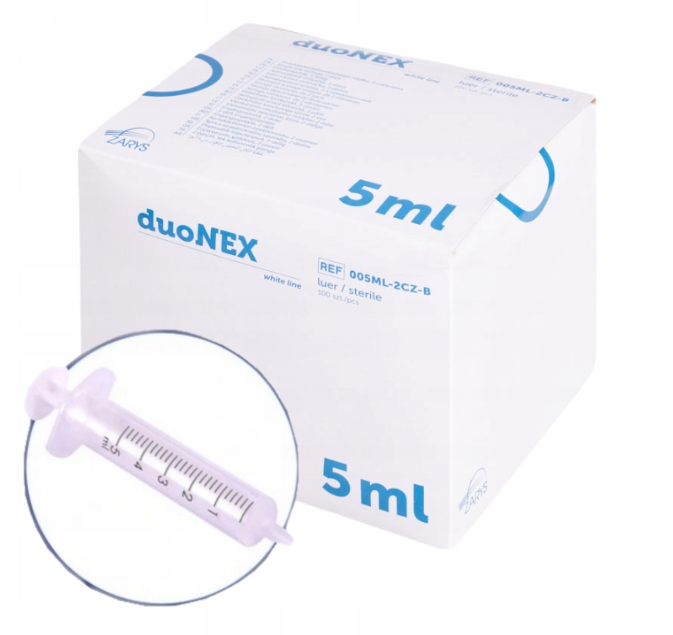 Strzykawki jednorazowe duoNEX – 2‑częściowe, luer, biały tłok pojemność 5ml
