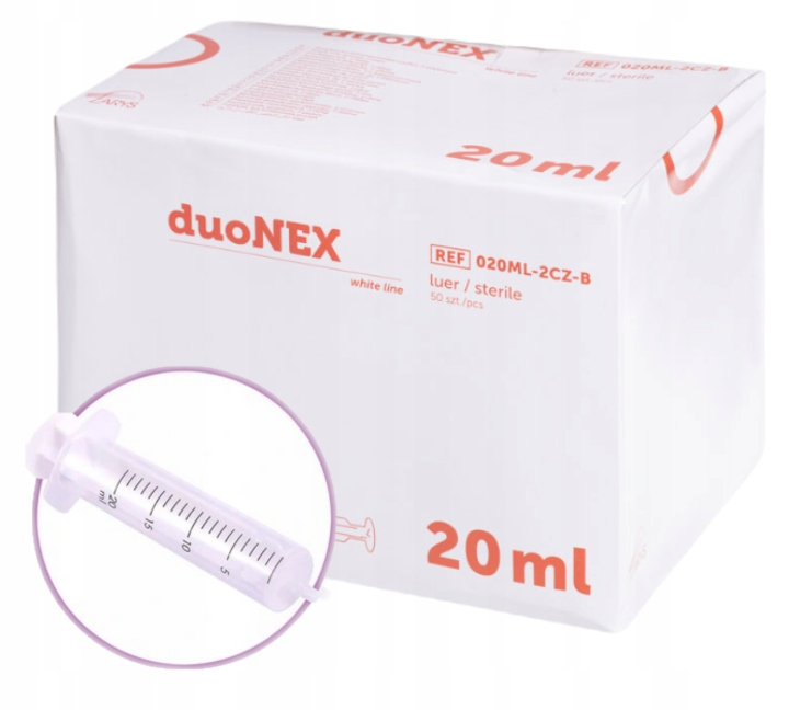 Strzykawki jednorazowe duoNEX – 2‑częściowe, luer, biały tłok pojemność 20ml