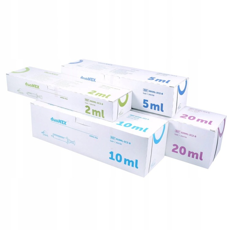 Strzykawki jednorazowe duoNEX – 2‑częściowe, luer, biały tłok zestaw strzykawek
