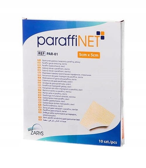 Opatrunki gazowe paraffiNET – nasączone parafiną, sterylne rozmiar 5 cm x 5 cm