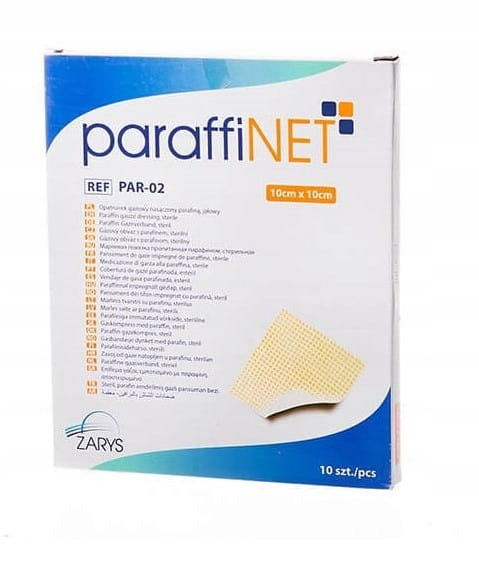 Opatrunki gazowe paraffiNET – nasączone parafiną, sterylne rozmiar 10 cm x 10 cm