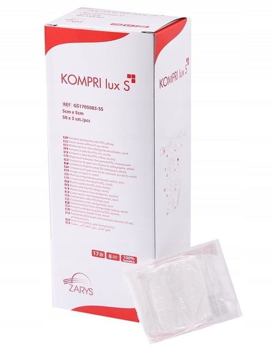 Kompresy z gazy bez nitki RTG KOMPRI lux S – sterylne, 17 N, 8 W Rozmiar: 5 cm x 5 cm; opakowanie 150 sztuk (50 blistrów x 3 szt.)