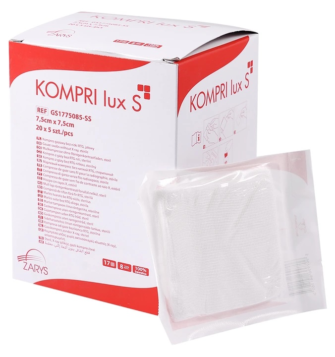 Kompresy z gazy bez nitki RTG KOMPRI lux S – sterylne, 17 N, 8 W Rozmiar: 7,5 cm x 7,5 cm; opakowanie 100 sztuk (20 blistrów x 5 szt.)