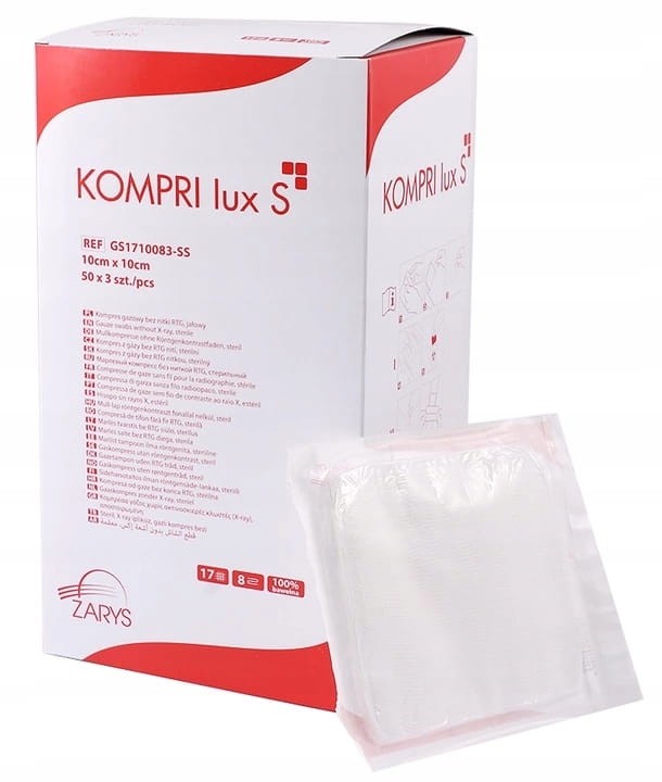 Kompresy z gazy bez nitki RTG KOMPRI lux S – sterylne, 17 N, 8 W Rozmiar: 10 cm x 10 cm; opakowanie 150 sztuk (50 blistrów x 3 szt.)