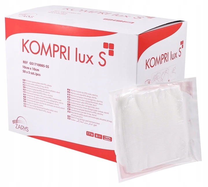 Kompresy z gazy bez nitki RTG KOMPRI lux S – sterylne, 17 N, 8 W Rozmiar: 10 cm x 10 cm; opakowanie 250 sztuk (50 blistrów x 5 szt.)