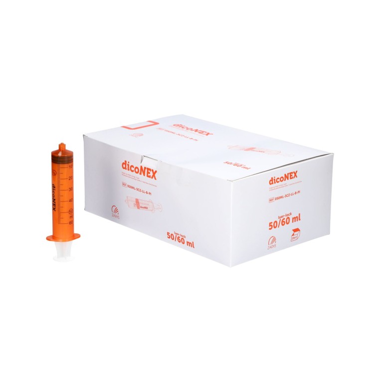 Strzykawka do pomp infuzyjnych dicoNEX – 3‑częściowa, bursztynowa, luer‑lock, bez ftalanów, sterylna, 50 ml