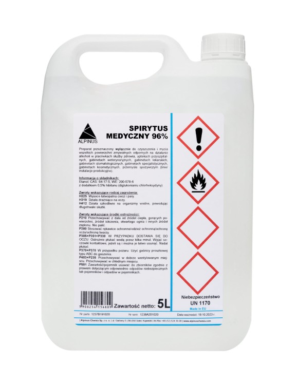 Spirytus medyczny 96% – alkohol etylowy do dezynfekcji i czyszczenia powierzchni 5L