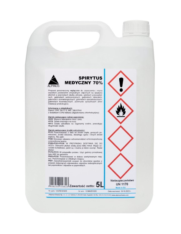 Spirytus medyczny 70% – alkohol etylowy do dezynfekcji i czyszczenia powierzchni 5L