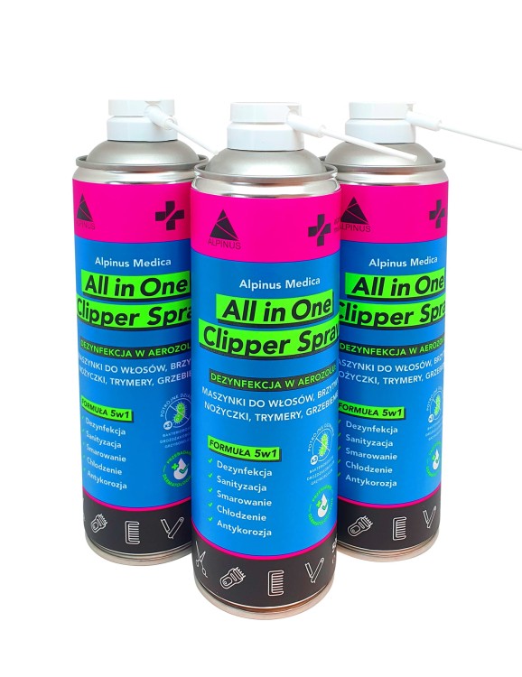 All in One Clipper Spray – aerozol do dezynfekcji narzędzi fryzjerskich i barberskich, 500 ml