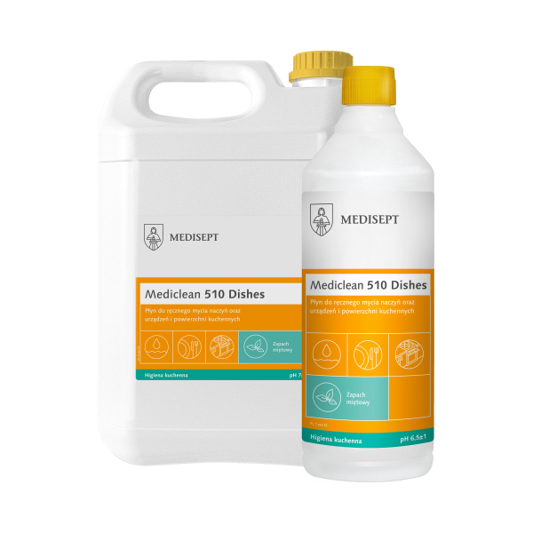 Mediclean 510 Dishes – płyn do mycia naczyń, zapach miętowy, 1L i 5L