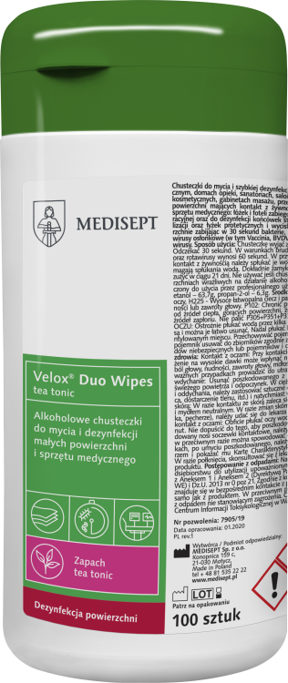Velox Duo Wipes – chusteczki do dezynfekcji rąk i powierzchni tuba