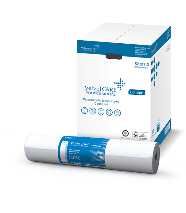 Prześcieradło jednorazowe VELVET Comfort – podkład celulozowy, rozmiar 60cm x 50m karton zbiorczy