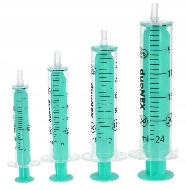 Strzykawki jednorazowe duoNEX – 2‑częściowe, luer, zielony tłok