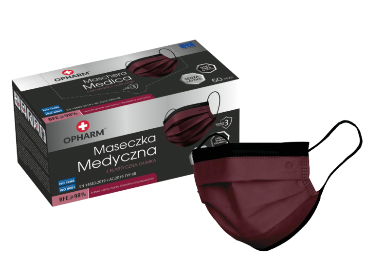 Maski chirurgiczne OPHARM – z gumkami, typ IIR, 50 szt. Kolor bordowy