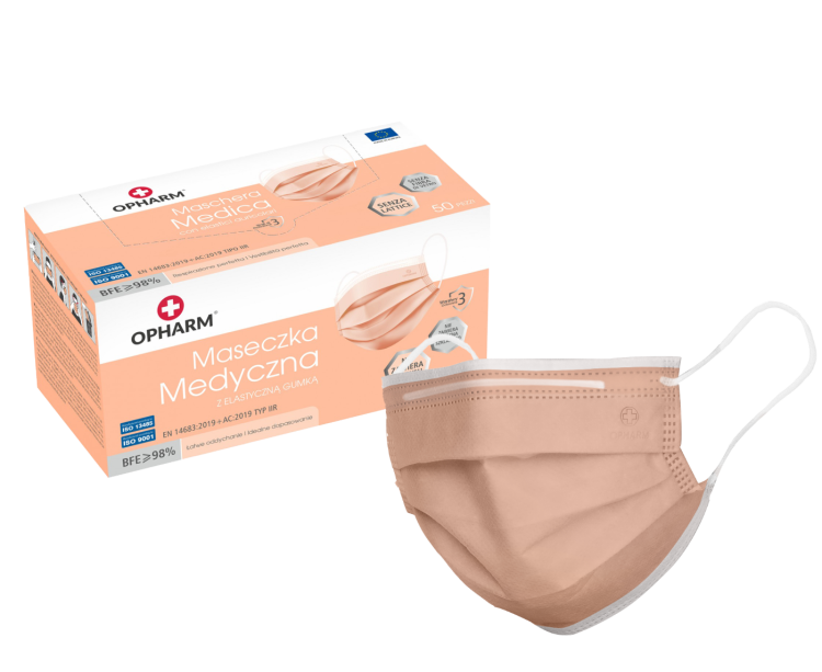 Maski chirurgiczne OPHARM – z gumkami, typ IIR, 50 szt. Kolor brzoskwiniowy