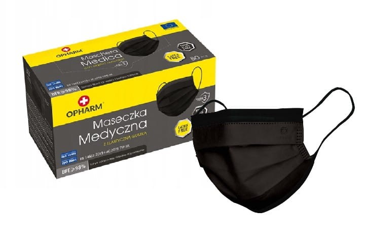 Maski chirurgiczne OPHARM – z gumkami, typ IIR, 50 szt. Kolor czarny