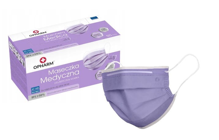 Maski chirurgiczne OPHARM – z gumkami, typ IIR, 50 szt. Kolor fioletowy