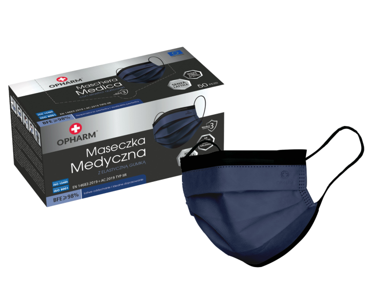 Maski chirurgiczne OPHARM – z gumkami, typ IIR, 50 szt. Kolor granatowy