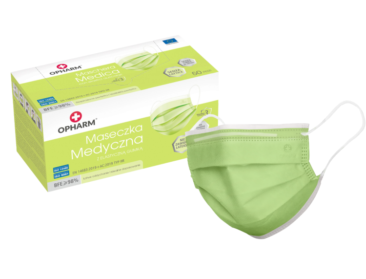 Maski chirurgiczne OPHARM – z gumkami, typ IIR, 50 szt. Kolor limonkowy