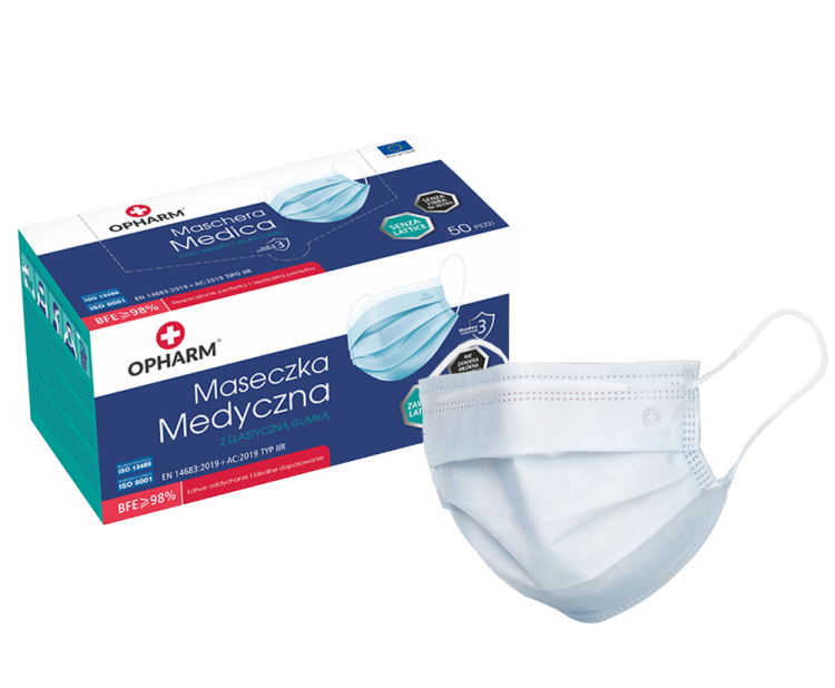 Maski chirurgiczne OPHARM – z gumkami, typ IIR, 50 szt. Kolor niebieski