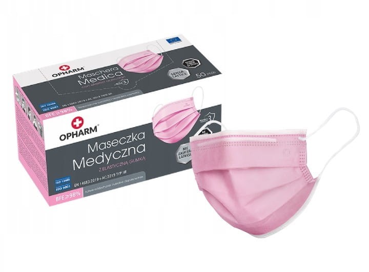 Maski chirurgiczne OPHARM – z gumkami, typ IIR, 50 szt. Kolor różowy