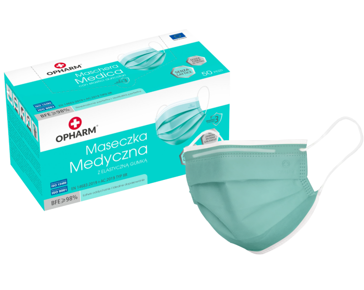 Maski chirurgiczne OPHARM – z gumkami, typ IIR, 50 szt. Kolor turkusowy