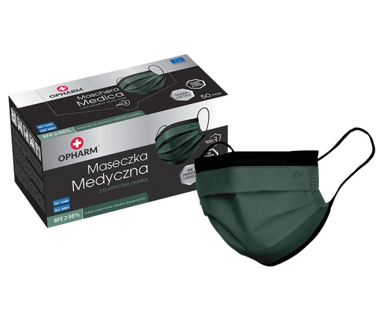 Maski chirurgiczne OPHARM – z gumkami, typ IIR, 50 szt. Kolor zielony