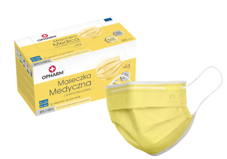 Maski chirurgiczne OPHARM – z gumkami, typ IIR, 50 szt. Kolor żółty