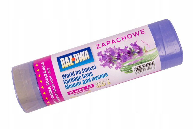 Worki na odpady RAZ-DWA – fioletowe (lawenda), LDPE, z taśmą ściągającą, 35 l, 15 szt.