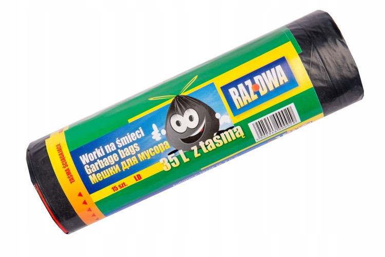 Worki na odpady RAZ-DWA – czarne, LDPE, z taśmą ściągającą, 1 rolka 35L