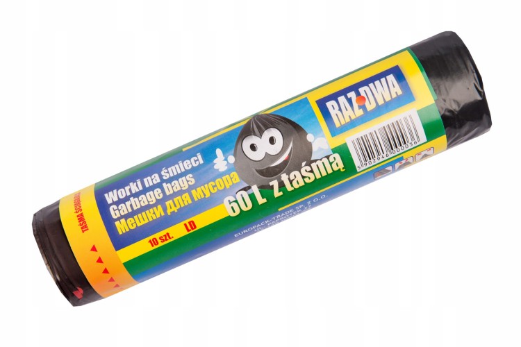 Worki na odpady RAZ-DWA – czarne, LDPE, z taśmą ściągającą, 1 rolka 60L