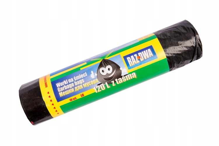 Worki na odpady RAZ-DWA – czarne, LDPE, z taśmą ściągającą, 1 rolka 120L