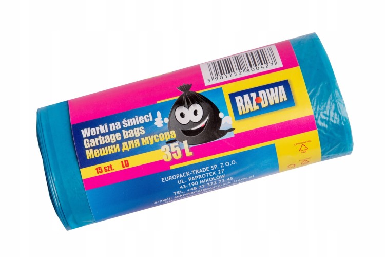 Worki na odpady RAZ-DWA – niebieskie, LDPE, 1 rolka 35L