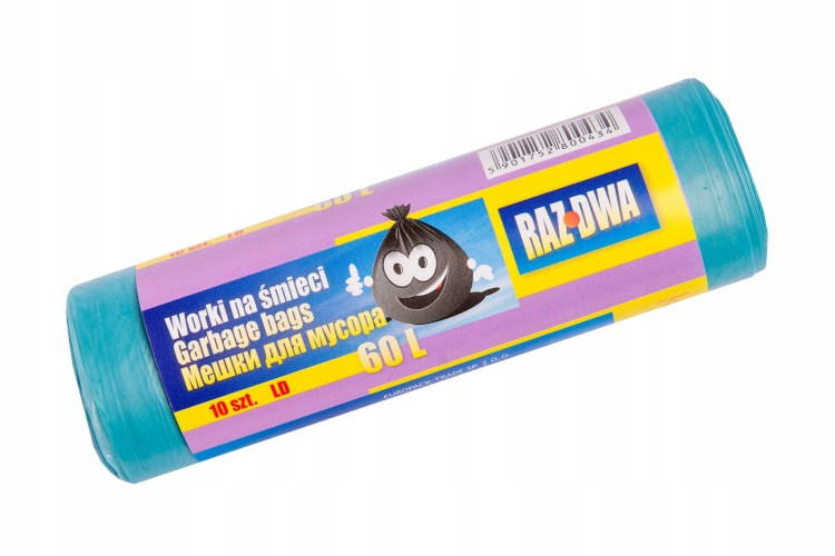 Worki na odpady RAZ-DWA – niebieskie, LDPE, 1 rolka 60L